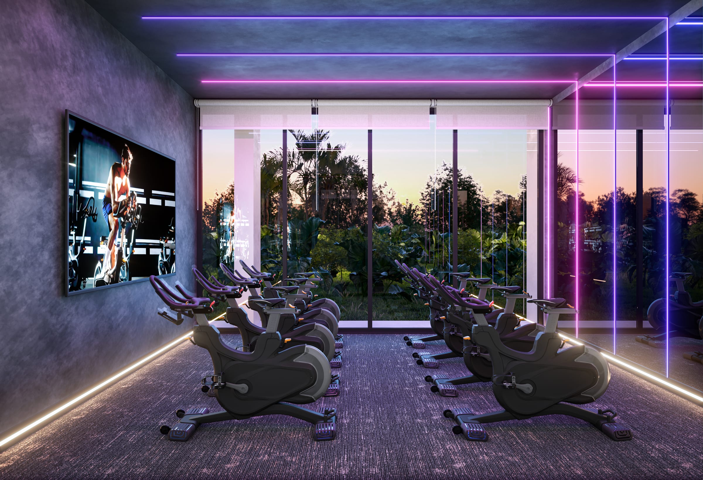 Espaço fitness com bike indoor no térreo