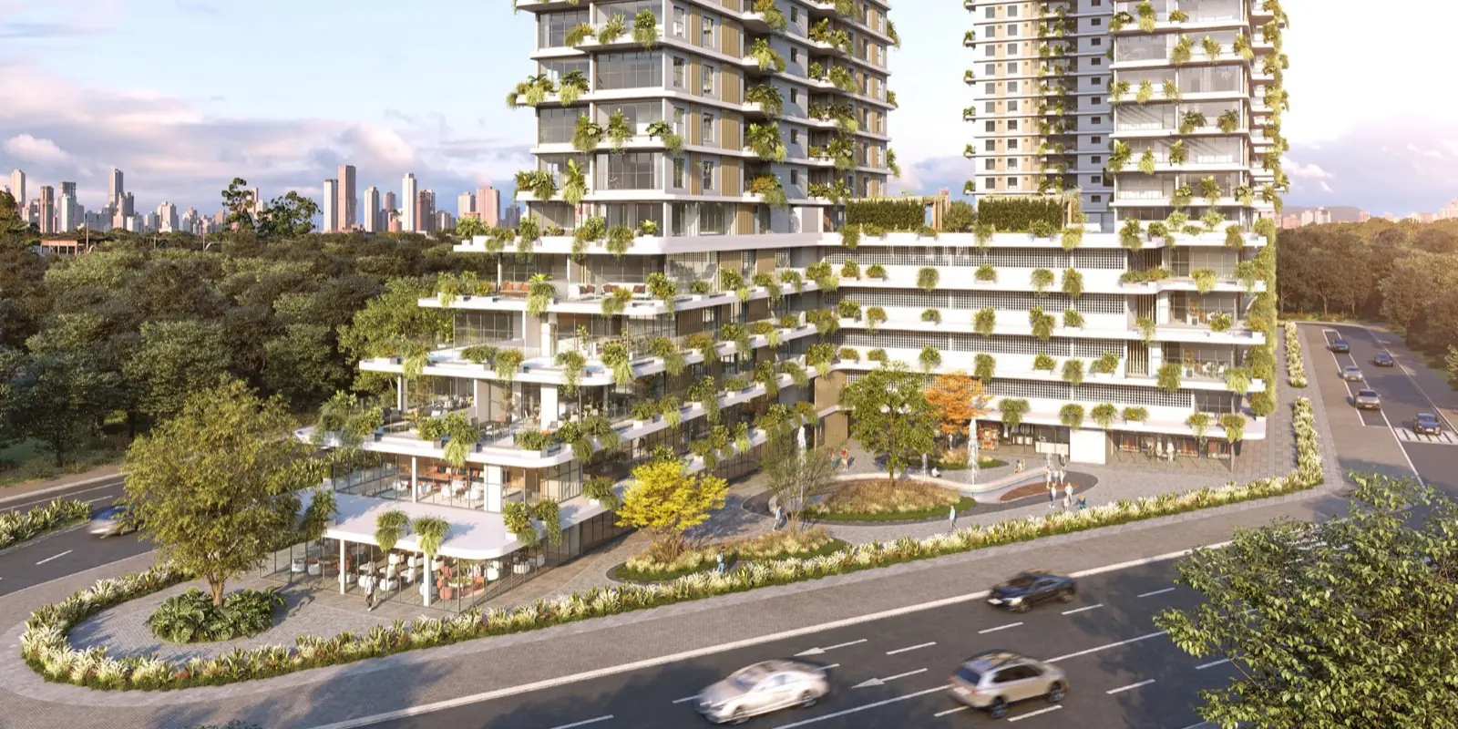Render da fachada do VISION Home Club: torres residenciais com varandas ajardinadas e embasamento comercial, avenida arborizada em primeiro plano