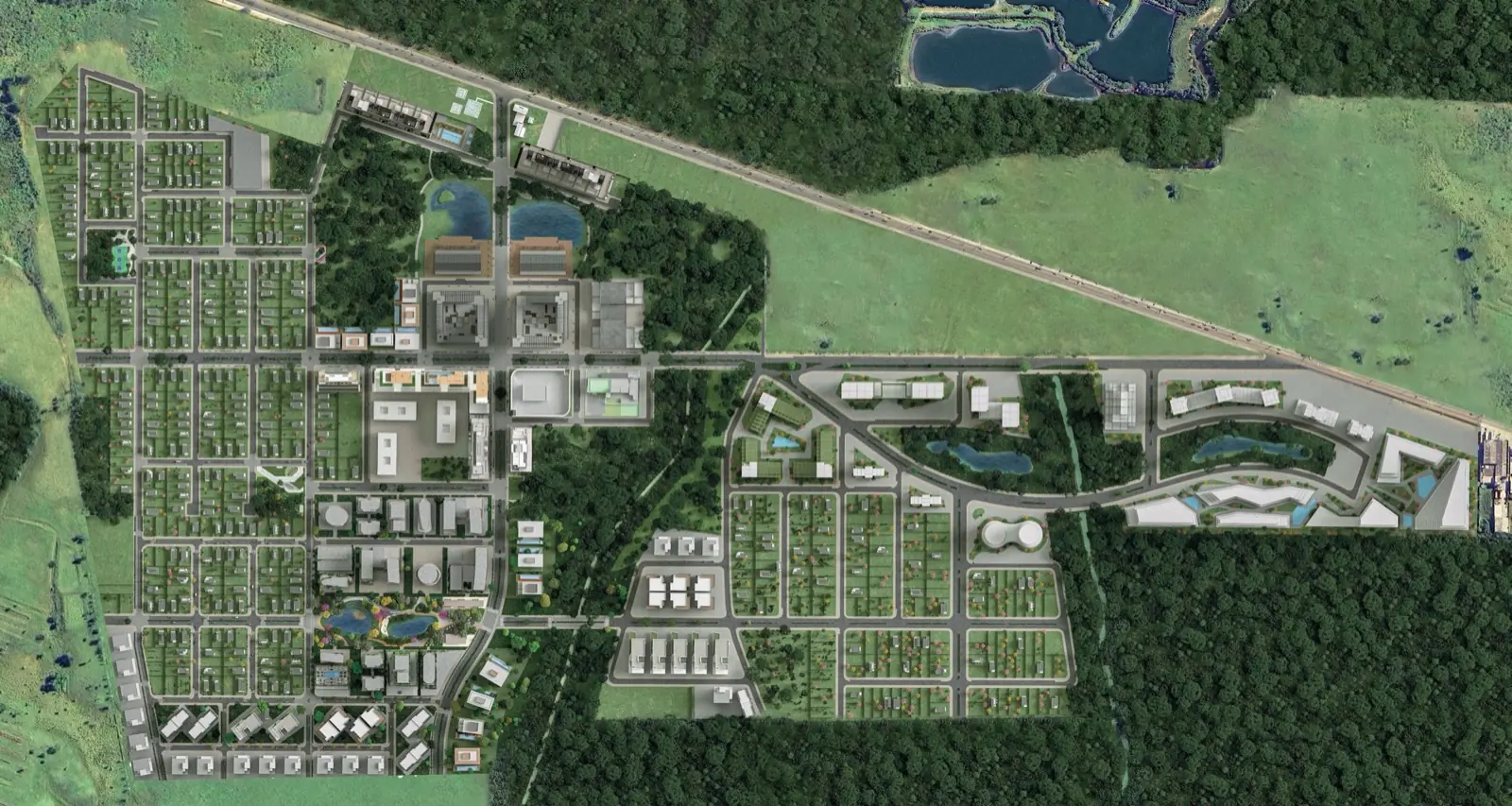 Masterplan aéreo do bairro Vivapark Porto Belo, mostrando quadras residenciais, lagos, áreas verdes e vias internas